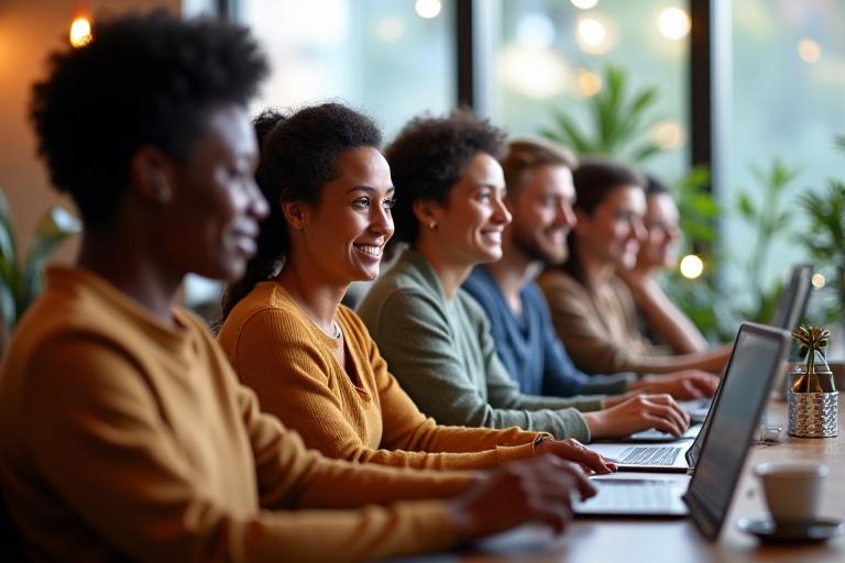 A diverse group of adults using laptops and tablets to connect online, with subtle Atlanta skyline in background, indicating local community building.