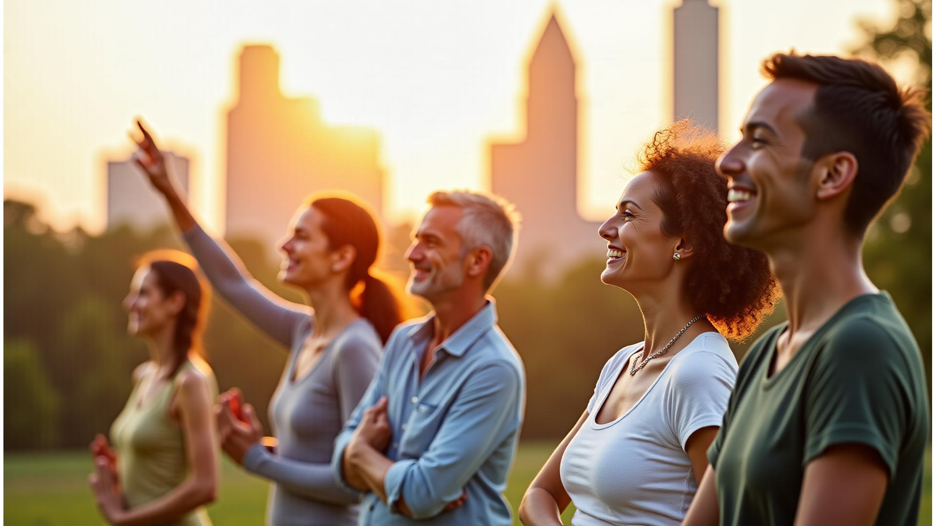 Diverse group of Atlanta adults 35+ smiling and engaging in outdoor wellness activities like meditative stretching and light jogging. Soft morning light over Atlanta skyline in background.