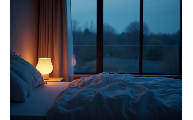 A serene bedroom scene with muted lighting, comfortable bedding, and a smart sleep tracking device on a nightstand, symbolizing restful sleep.