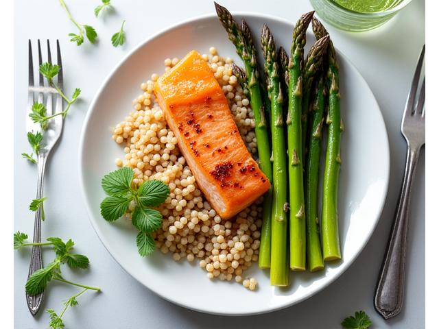 A balanced plate of healthy food including lean protein, vegetables, and whole grains.